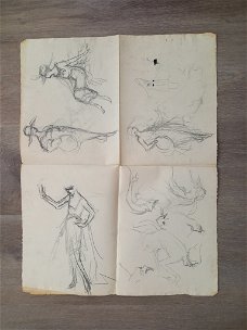 A493-48 Oude tekening Groot blad met schetsen van vrouwen