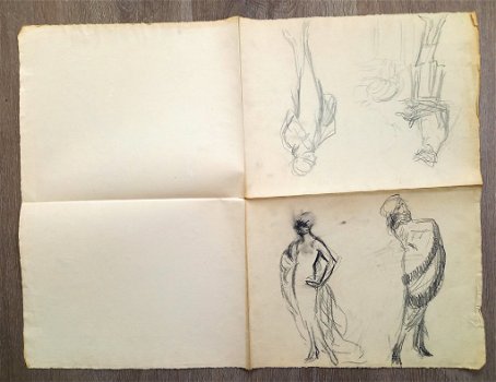 A493-48 Oude tekening Groot blad met schetsen van vrouwen - 1