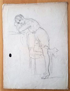 A493-49 Oude tekening Vrouw leunend op knie en elleboog