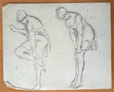 A493-51 Oude tekening schetsen 2 vrouwen vanaf zijkant