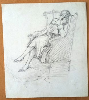 A493-52 Oude tekening Vrouw zittend in stoel lezend - 0