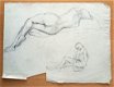 A493-54 Oude tekening Vrouw die kous optrekt - naakte vrouw - 1 - Thumbnail