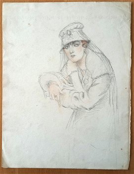 A493-55 Oude tekening Portret vrouw met hoed met sluier - 0