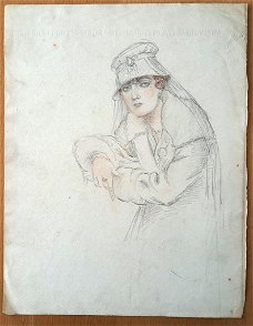 A493-55 Oude tekening Portret vrouw met hoed met sluier