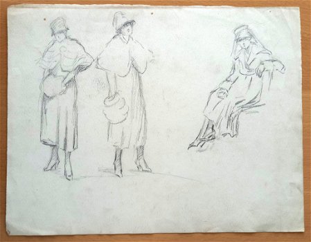 A493-55 Oude tekening Portret vrouw met hoed met sluier - 1