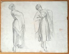A493-57 Oude tekening vrouwen met omslagdoek