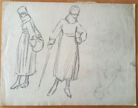 A493-58 Oude tekening o.a. vrouwen in winterkleding - 0