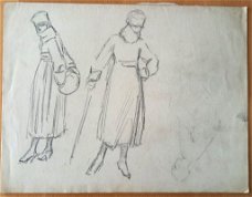 A493-58 Oude tekening o.a. vrouwen in winterkleding
