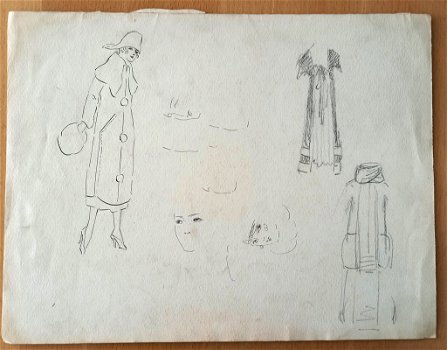 A493-58 Oude tekening o.a. vrouwen in winterkleding - 1