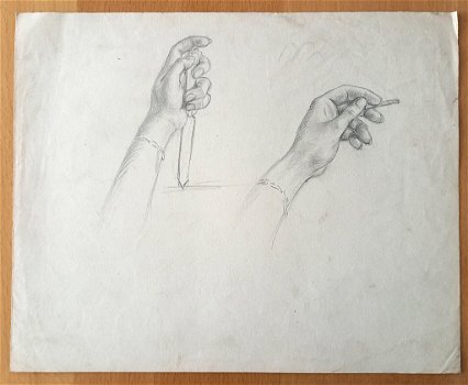 A493-59 Oude tekening 3 studies van handen en portret man - 0