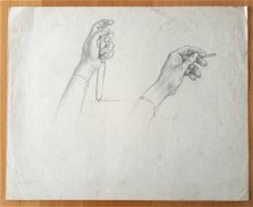A493-59 Oude tekening 3 studies van handen en portret man