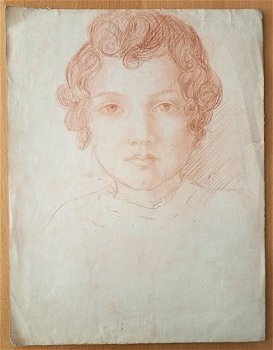 A493-60 Oude tekening Portret en face van vrouw rood potlood - 0