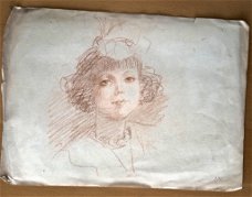 A493-64 Oude tekening meisje met strik rood potlood