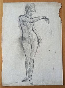 A493-68 Oude tekening Naakte vrouw met uitgestrekte arm