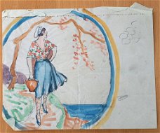 A493-69 Oude tekening Vrouw met kruik potlood en waterverf