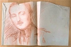 A493-74 Oude tekening Portret man op groot blad