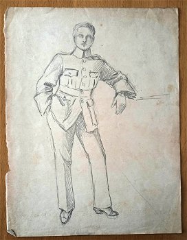 A493-75 Oude tekening Militair met hand in zak leunend - 0
