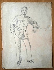 A493-75 Oude tekening Militair met hand in zak leunend