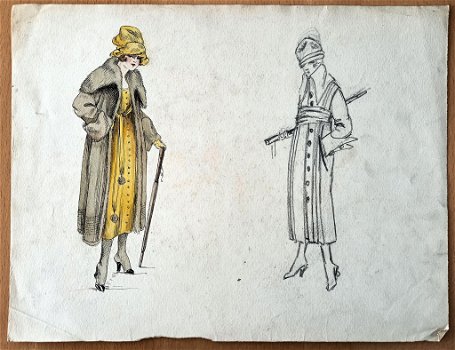 A493-78 Oude tekening in inkt en kleur dame in gele jurk - 0