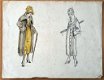 A493-78 Oude tekening in inkt en kleur dame in gele jurk - 0 - Thumbnail