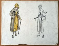 A493-78 Oude tekening in inkt en kleur dame in gele jurk