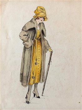 A493-78 Oude tekening in inkt en kleur dame in gele jurk - 1