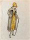 A493-78 Oude tekening in inkt en kleur dame in gele jurk - 1 - Thumbnail