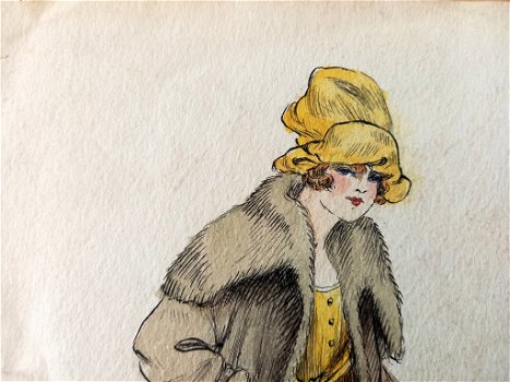 A493-78 Oude tekening in inkt en kleur dame in gele jurk - 2