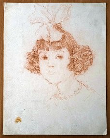 A493-79 Oude tekening Portret meisje met strik rood potlood