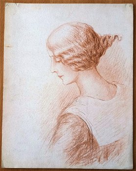 A493-80 Oude tekening Portret vrouw en profil rood potlood - 0