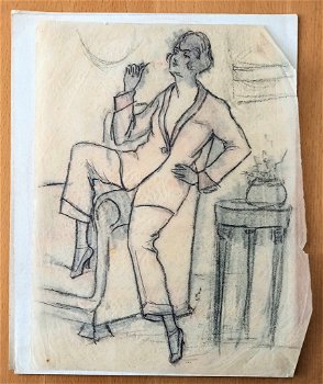 A493-81 Oude tekening vrouw in pyjama op leuning stoel - 1