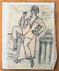 A493-81 Oude tekening vrouw in pyjama op leuning stoel - 1 - Thumbnail
