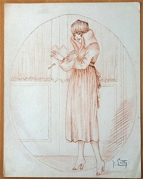 A493-82 Oude tekening Vrouw in bontjas en muts bij deur - 0