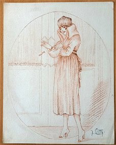 A493-82 Oude tekening Vrouw in bontjas en muts bij deur