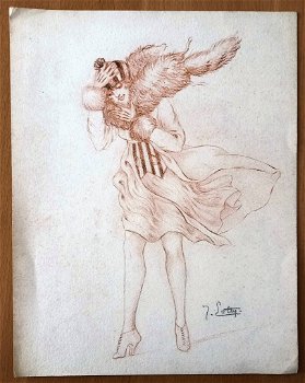 A493-83 Oude tekening Vrouw met opwaaiende jurk - 0
