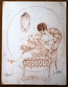 A493-85 Oude tekening Schaars geklede Vrouw zittend op stoel