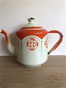 Emaille Theepot Met Art Nouveau print