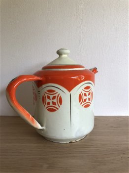 Emaille Theepot Met Art Nouveau print - 7