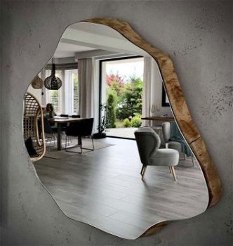 Asymmetrische spiegel muur opknoping houten spiegel houten vintage rustiek industrieel - 0