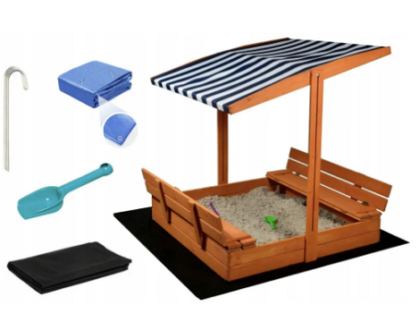 Zandbak met deksel, dak, deksel, bank en vloer, houten zandbak - 0