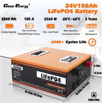 Cloudenergy 24V 150Ah LiFePO4 Battery Pack Backup Power - 1