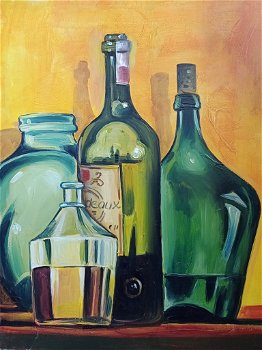 Kleurrijk schilderij met flessen - 1