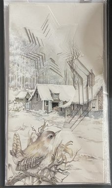 WINTER --- Besneeuwde huizen met een vogel op de voorgrond