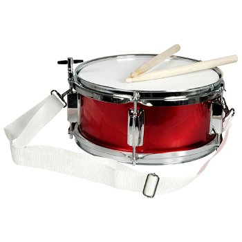 Trommel: metalen rode trommel met twee houten stokjes en een draagkoord. - 0