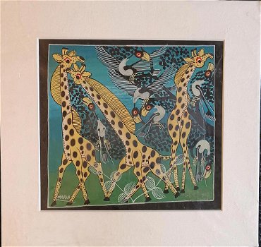 Schilderij giraffes in passepartout - 0