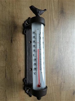 Gietijzeren frame + vogel-glazen thermometer-glas - 1