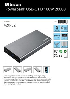 Powerbank USB-C PD 100W 20000 geschikt voor alle merken smartphones en laptops, notebooks - 3