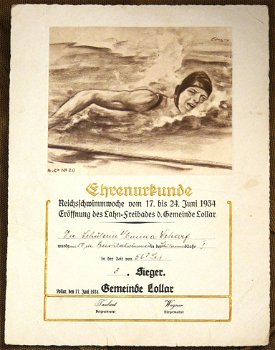 Ere Oorkonde / Ehrenurkunde, Reichs-Schwimmwoche, Gemeente Lollar, 1934.(Nr.1) - 0
