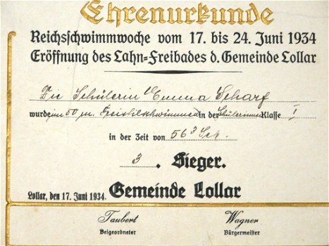 Ere Oorkonde / Ehrenurkunde, Reichs-Schwimmwoche, Gemeente Lollar, 1934.(Nr.1) - 2