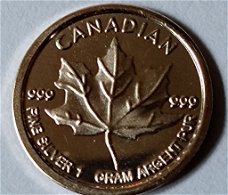 1 Gram puur.999 fijn Zilver muntje,Canadian maple leaf!